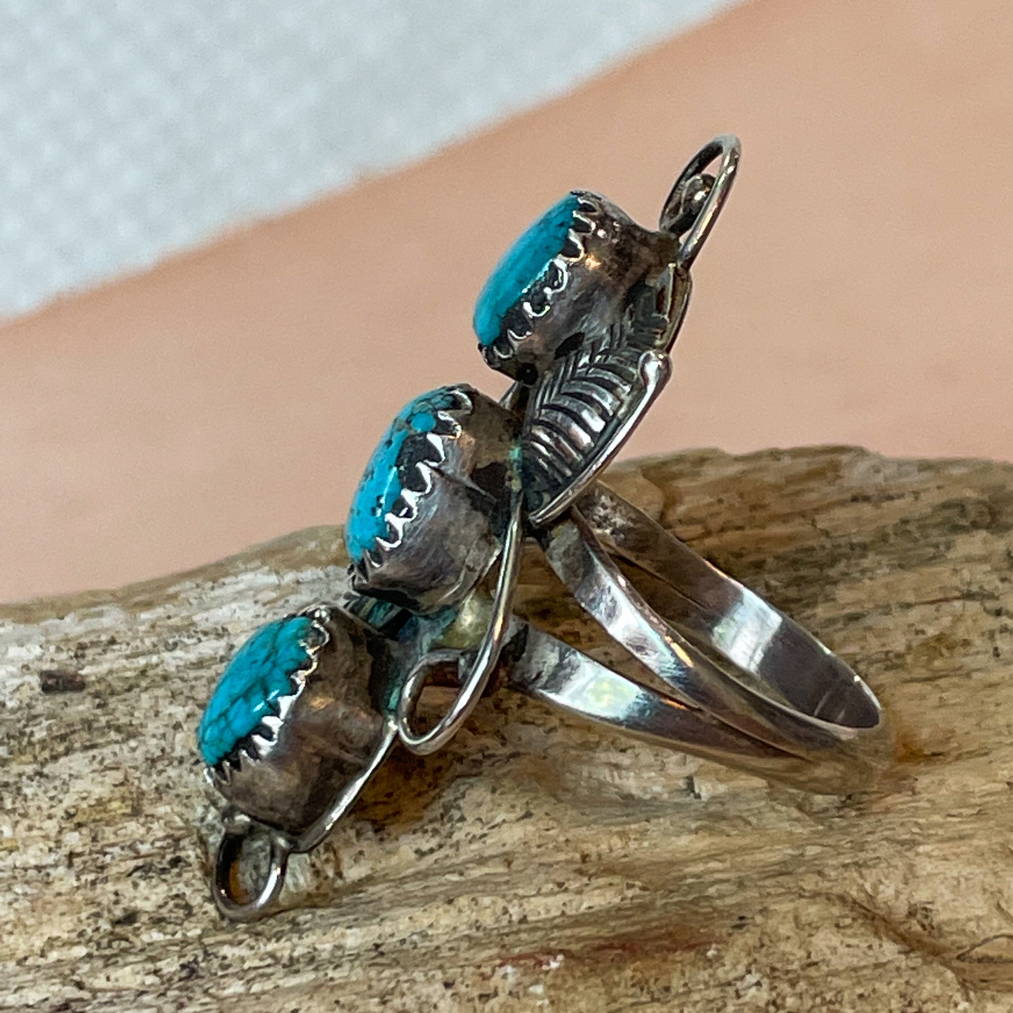 Three stone turquoise and sterling silver ring with feather detail