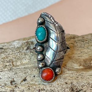 Native American Feather Turquoise and Coral Ring