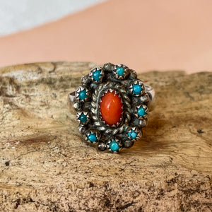 Vintage Native American 10 Stone Ring With Turquoise & Coral